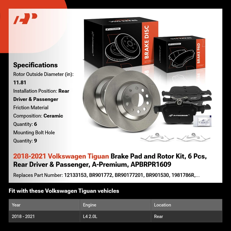 2018-2021 Volkswagen Tiguan Brake Pad and Rotor Kit, 6 Pcs, Rear Driver & Passenger, A-Premium, APBRPR1609