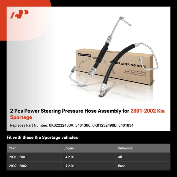 2 Pcs Power Steering Pressure Hose Assembly for 2001-2002 Kia Sportage