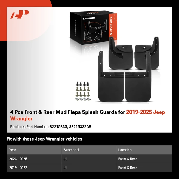 4 Pcs Front & Rear Mud Flaps Splash Guards for 2019-2025 Jeep Wrangler