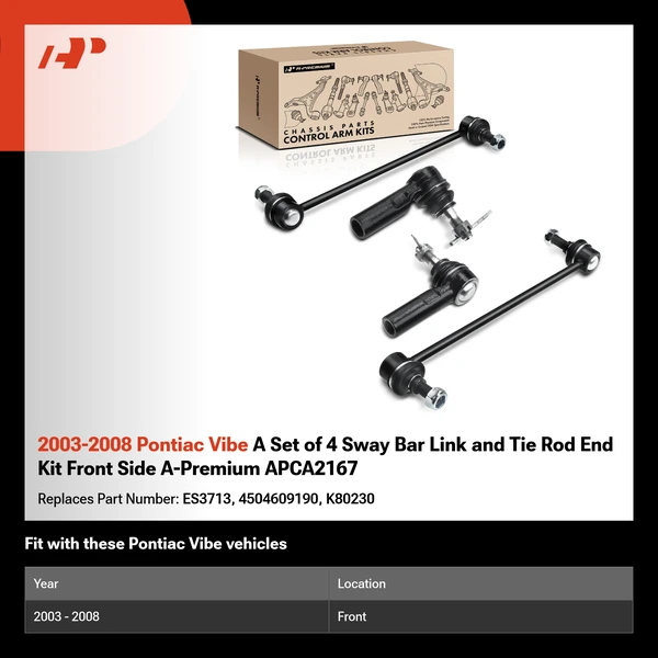 2003-2008 Pontiac Vibe A Set of 4 Sway Bar Link and Tie Rod End Kit Front Side A-Premium APCA2167