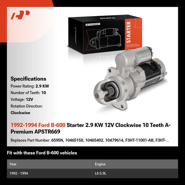 1992-1994 Ford B-600 Starter 2.9 KW 12V Clockwise 10 Teeth A-Premium APSTR669