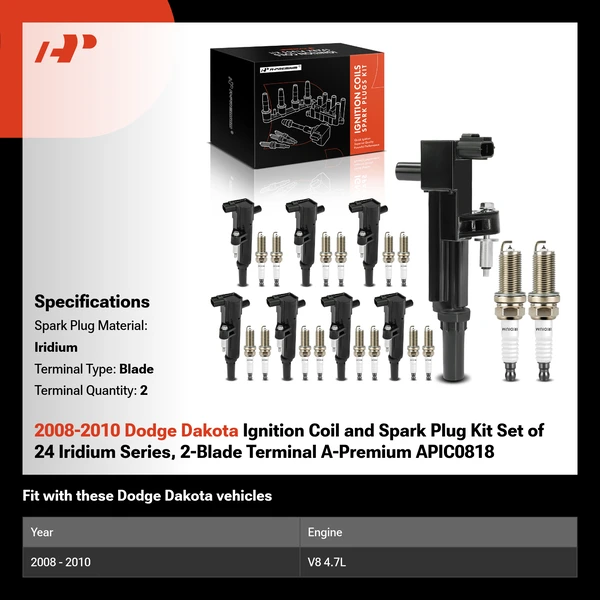 2008-2010 Dodge Dakota Ignition Coil and Spark Plug Kit Set of 24 Iridium Series, 2-Blade Terminal A-Premium APIC0818