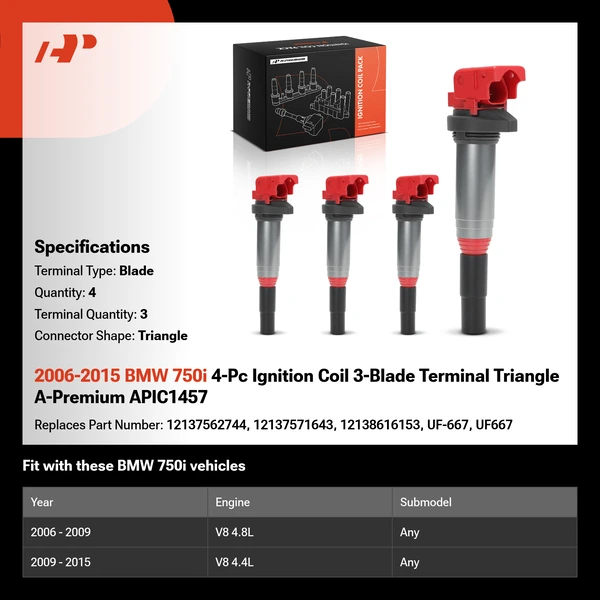 2006-2015 BMW 750i 4-Pc Ignition Coil 3-Blade Terminal Triangle A-Premium APIC1457