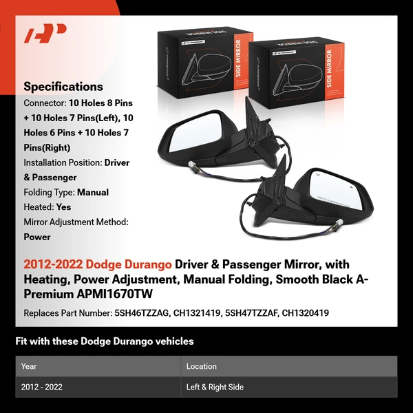 2012-2022 Dodge Durango Driver & Passenger Mirror, with Heating, Power Adjustment, Manual Folding, Smooth Black A-Premium APMI1670TW