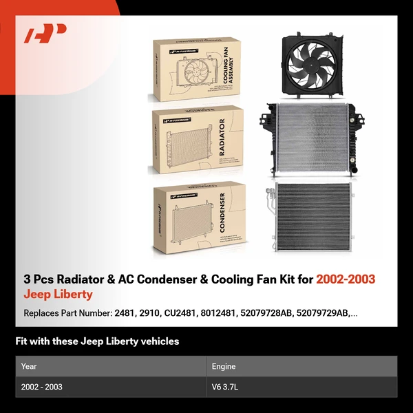 3 Pcs Radiator & AC Condenser & Cooling Fan Kit for 2002-2003 Jeep Liberty
