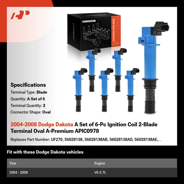 2004-2008 Dodge Dakota A Set of 6-Pc Ignition Coil 2-Blade Terminal Oval A-Premium APIC0978