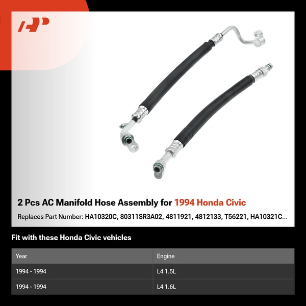 2 Pcs AC Manifold Hose Assembly for 1994 Honda Civic