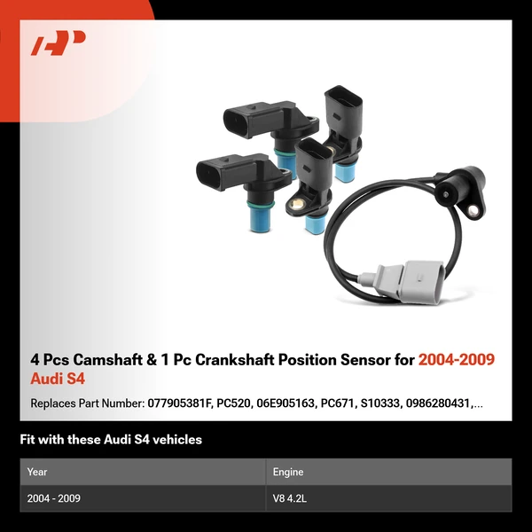 4 Pcs Camshaft & 1 Pc Crankshaft Position Sensor for 2004-2009 Audi S4