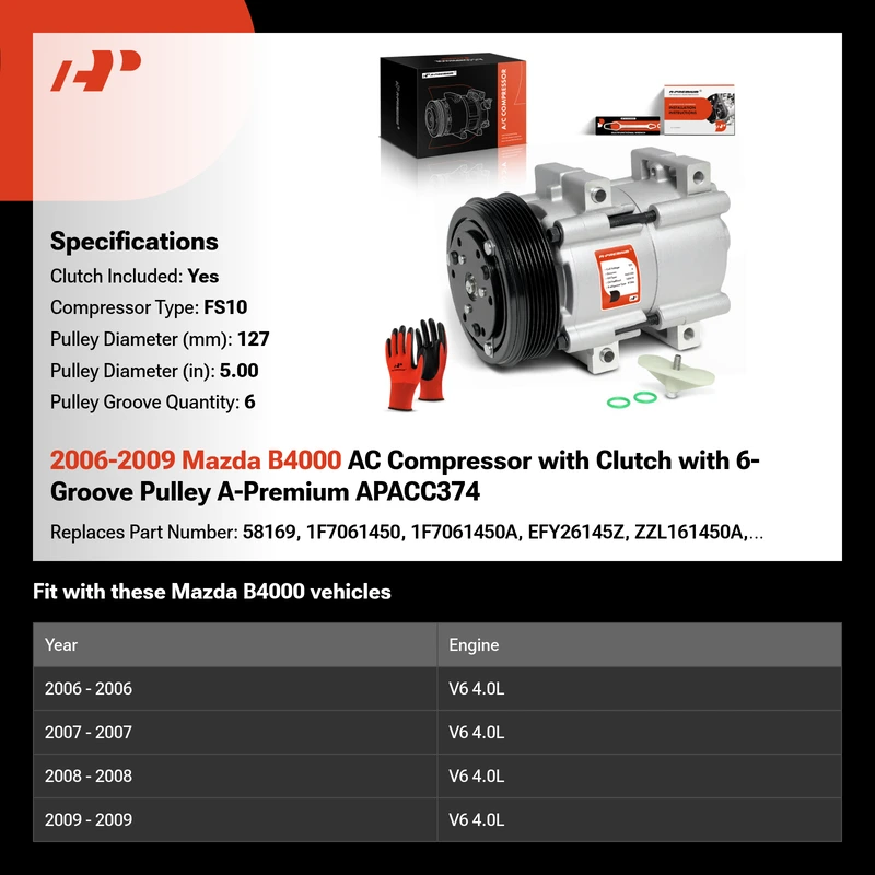 2006-2009 Mazda B4000 AC Compressor with Clutch with 6-Groove Pulley A-Premium APACC374