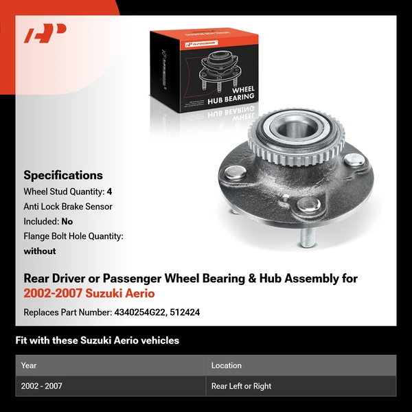 Rear Driver or Passenger Wheel Bearing & Hub Assembly for 2002-2007 Suzuki Aerio