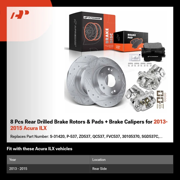 8 Pcs Rear Drilled Brake Rotors & Pads + Brake Calipers for 2013-2015 Acura ILX