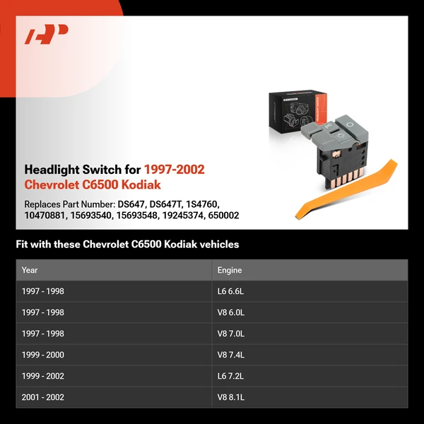 Headlight Switch for 1997-2002 Chevrolet C6500 Kodiak