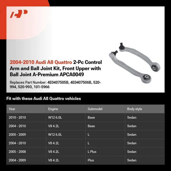 2004-2010 Audi A8 Quattro 2-Pc Control Arm and Ball Joint Kit, Front Upper with Ball Joint A-Premium APCA0049