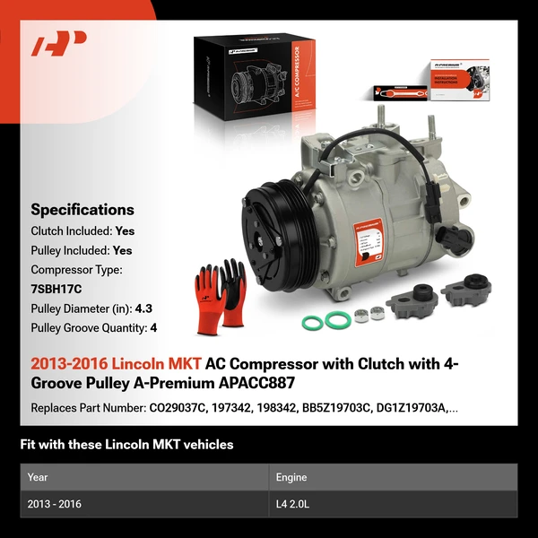 2013-2016 Lincoln MKT AC Compressor with Clutch with 4-Groove Pulley A-Premium APACC887
