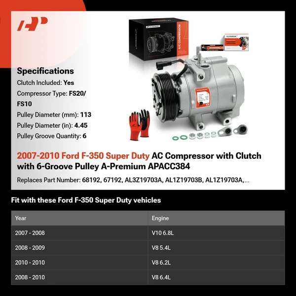 2007-2010 Ford F-350 Super Duty AC Compressor with Clutch with 6-Groove Pulley A-Premium APACC384