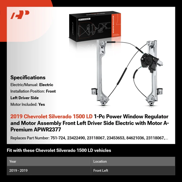 2019 Chevrolet Silverado 1500 LD 1-Pc Power Window Regulator and Motor Assembly Front Left Driver Side Electric with Motor A-Premium APWR2377