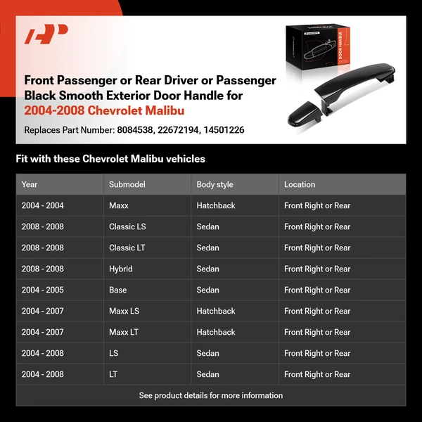 Front Passenger or Rear Driver or Passenger Black Smooth Exterior Door Handle for 2004-2008 Chevrolet Malibu