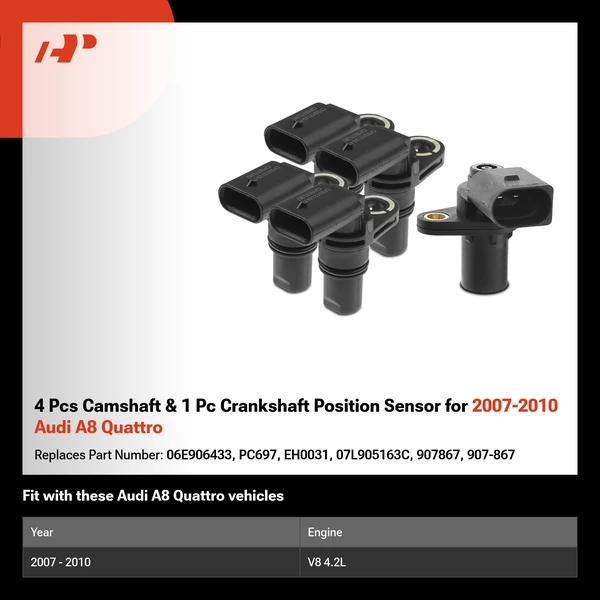 4 Pcs Camshaft & 1 Pc Crankshaft Position Sensor for 2007-2010 Audi A8 Quattro