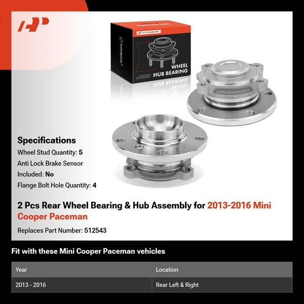 2 Pcs Rear Wheel Bearing & Hub Assembly for 2013-2016 Mini Cooper Paceman