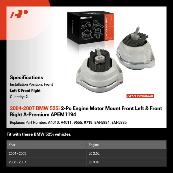 2004-2007 BMW 525i 2-Pc Engine Motor Mount Front Left & Front Right A-Premium APEM1194