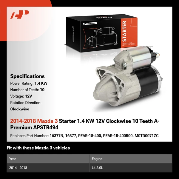 2014-2018 Mazda 3 Starter 1.4 KW 12V Clockwise 10 Teeth A-Premium APSTR494