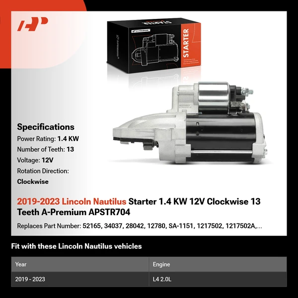 2019-2023 Lincoln Nautilus Starter 1.4 KW 12V Clockwise 13 Teeth A-Premium APSTR704