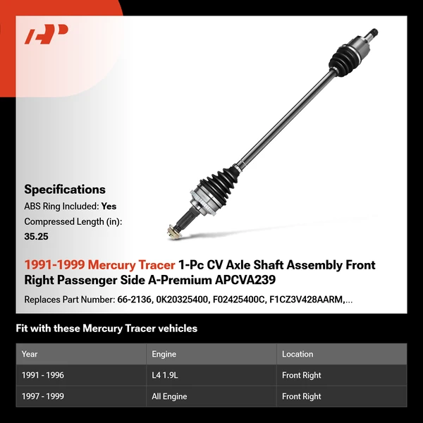 1991-1999 Mercury Tracer 1-Pc CV Axle Shaft Assembly Front Right Passenger Side A-Premium APCVA239