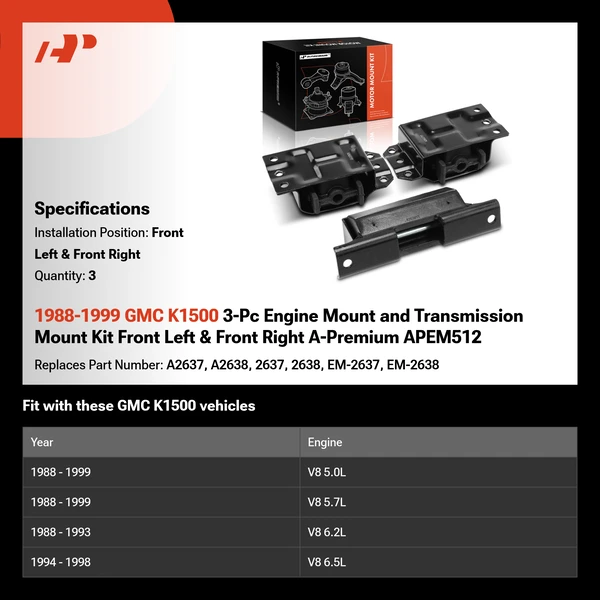 1988-1999 GMC K1500 3-Pc Engine Mount and Transmission Mount Kit Front Left & Front Right A-Premium APEM512
