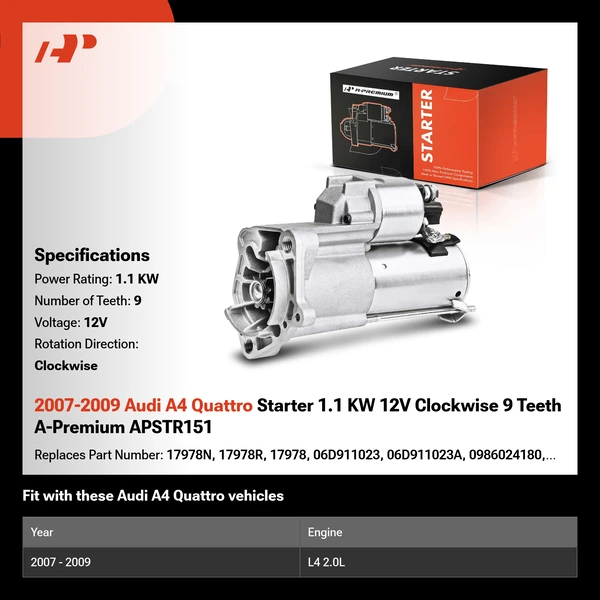 2007-2009 Audi A4 Quattro Starter 1.1 KW 12V Clockwise 9 Teeth A-Premium APSTR151