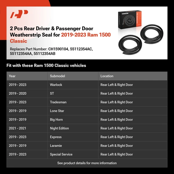 2 Pcs Rear Driver & Passenger Door Weatherstrip Seal for 2019-2023 Ram 1500 Classic