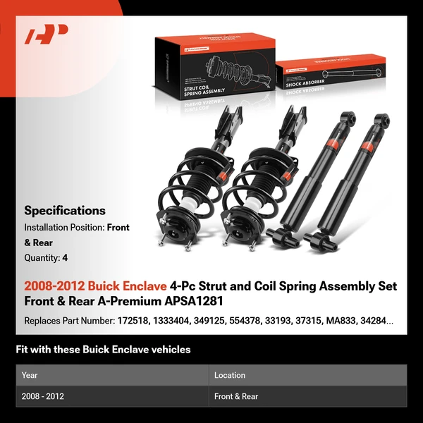 2008-2012 Buick Enclave 4-Pc Strut and Coil Spring Assembly Set Front & Rear A-Premium APSA1281