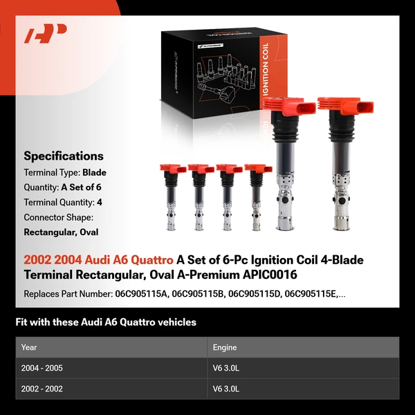 2002 2004 Audi A6 Quattro A Set of 6-Pc Ignition Coil 4-Blade Terminal Rectangular, Oval A-Premium APIC0016
