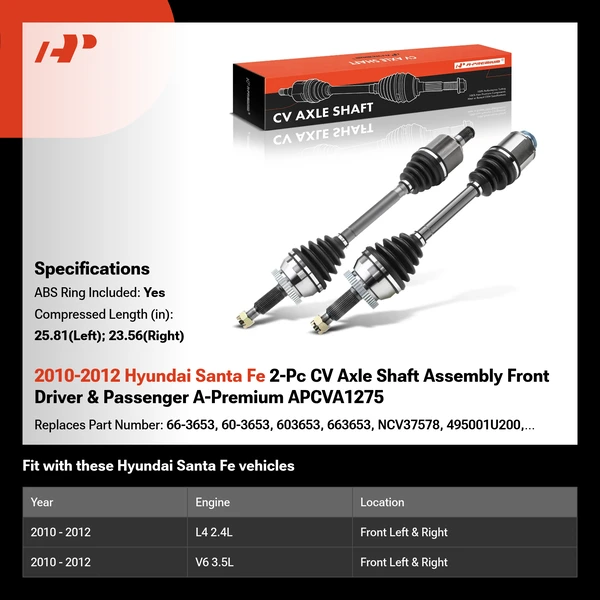 2010-2012 Hyundai Santa Fe 2-Pc CV Axle Shaft Assembly Front Driver & Passenger A-Premium APCVA1275