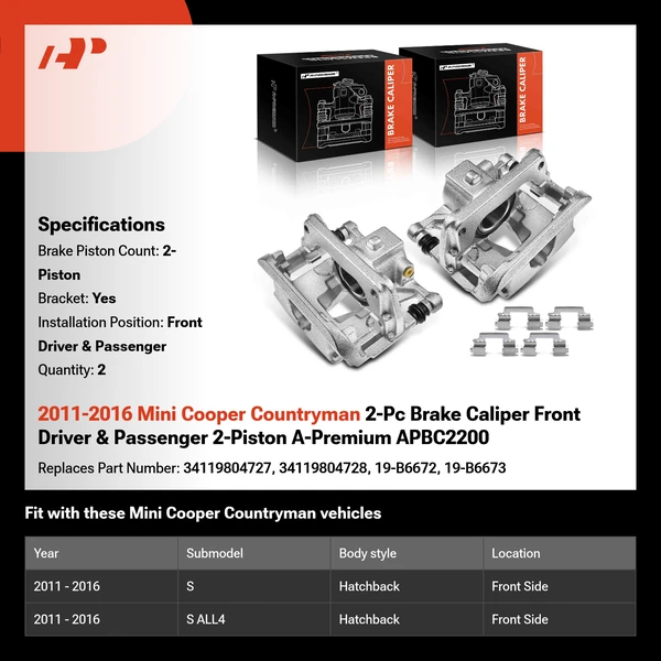 2011-2016 Mini Cooper Countryman 2-Pc Brake Caliper Front Driver & Passenger 2-Piston A-Premium APBC2200