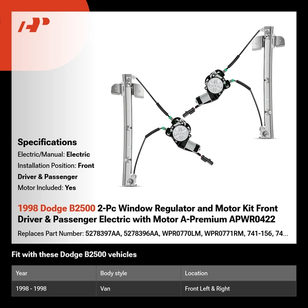 1998 Dodge B2500 2-Pc Window Regulator and Motor Kit Front Driver & Passenger Electric with Motor A-Premium APWR0422