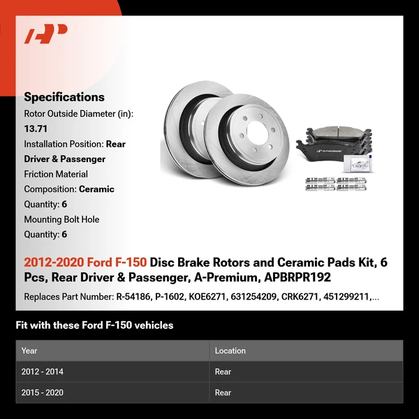 2012-2020 Ford F-150 Disc Brake Rotors and Ceramic Pads Kit, 6 Pcs, Rear Driver & Passenger, A-Premium, APBRPR192