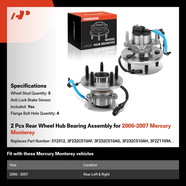 2 Pcs Rear Wheel Hub Bearing Assembly for 2006-2007 Mercury Monterey