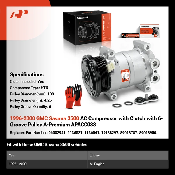 1996-2000 GMC Savana 3500 AC Compressor with Clutch with 6-Groove Pulley A-Premium APACC083