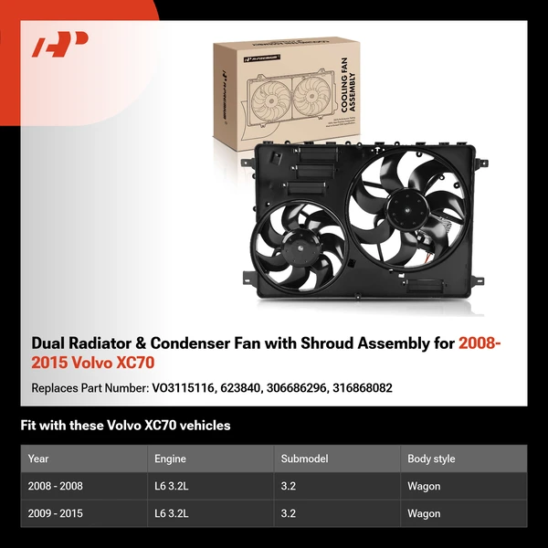 Dual Radiator & Condenser Fan with Shroud Assembly for 2008-2015 Volvo XC70