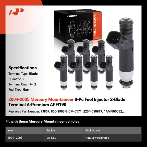 2004-2005 Mercury Mountaineer 8-Pc Fuel Injector 2-Blade Terminal A-Premium APFI190