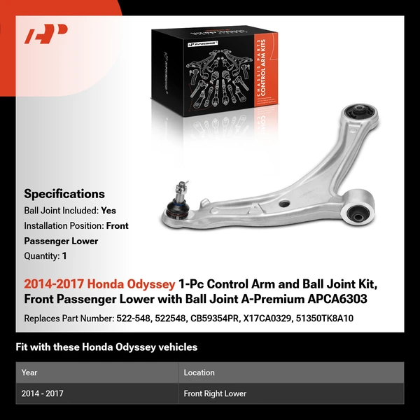 2014-2017 Honda Odyssey 1-Pc Control Arm and Ball Joint Kit, Front Passenger Lower with Ball Joint A-Premium APCA6303