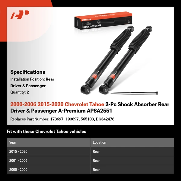 2000-2006 2015-2020 Chevrolet Tahoe 2-Pc Shock Absorber Rear Driver & Passenger A-Premium APSA2551