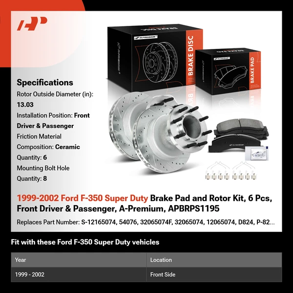 1999-2002 Ford F-350 Super Duty Brake Pad and Rotor Kit, 6 Pcs, Front Driver & Passenger, A-Premium, APBRPS1195