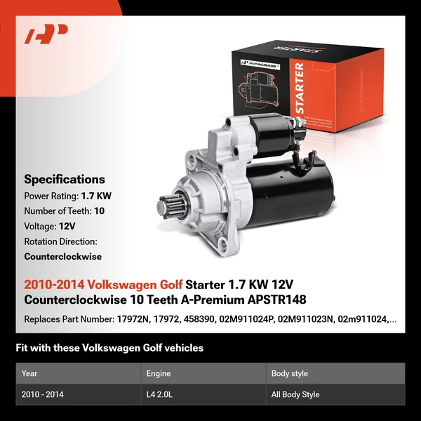 2010-2014 Volkswagen Golf Starter 1.7 KW 12V Counterclockwise 10 Teeth A-Premium APSTR148