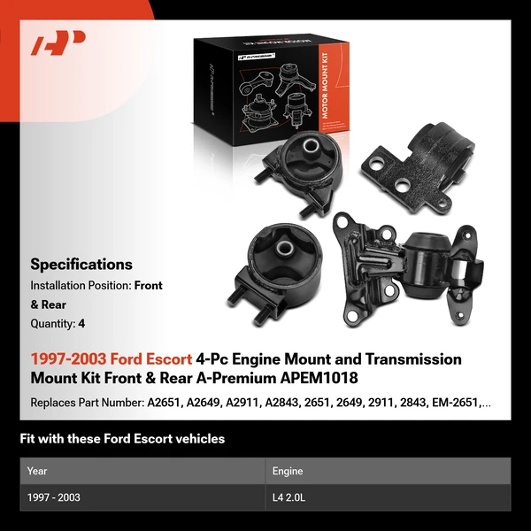 1997-2003 Ford Escort 4-Pc Engine Mount and Transmission Mount Kit Front & Rear A-Premium APEM1018