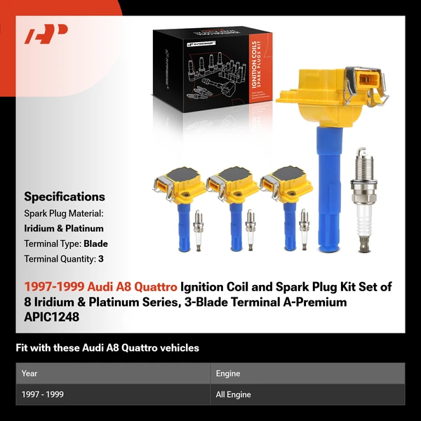 1997-1999 Audi A8 Quattro Ignition Coil and Spark Plug Kit Set of 8 Iridium & Platinum Series, 3-Blade Terminal A-Premium APIC1248
