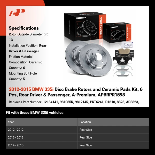 2012-2015 BMW 335i Disc Brake Rotors and Ceramic Pads Kit, 6 Pcs, Rear Driver & Passenger, A-Premium, APBRPR1598