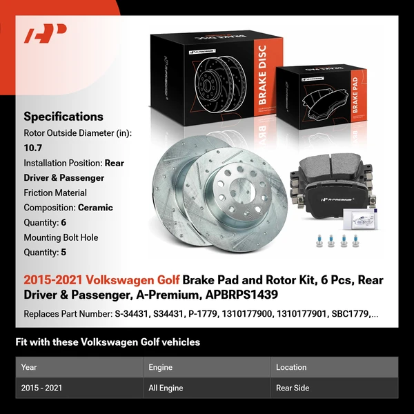 2015-2021 Volkswagen Golf Brake Pad and Rotor Kit, 6 Pcs, Rear Driver & Passenger, A-Premium, APBRPS1439