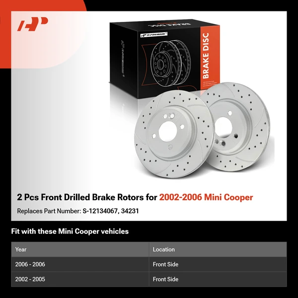 2 Pcs Front Drilled Brake Rotors for 2002-2006 Mini Cooper