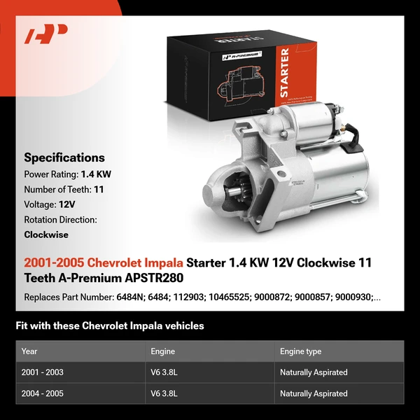 2001-2005 Chevrolet Impala Starter 1.4 KW 12V Clockwise 11 Teeth A-Premium APSTR280